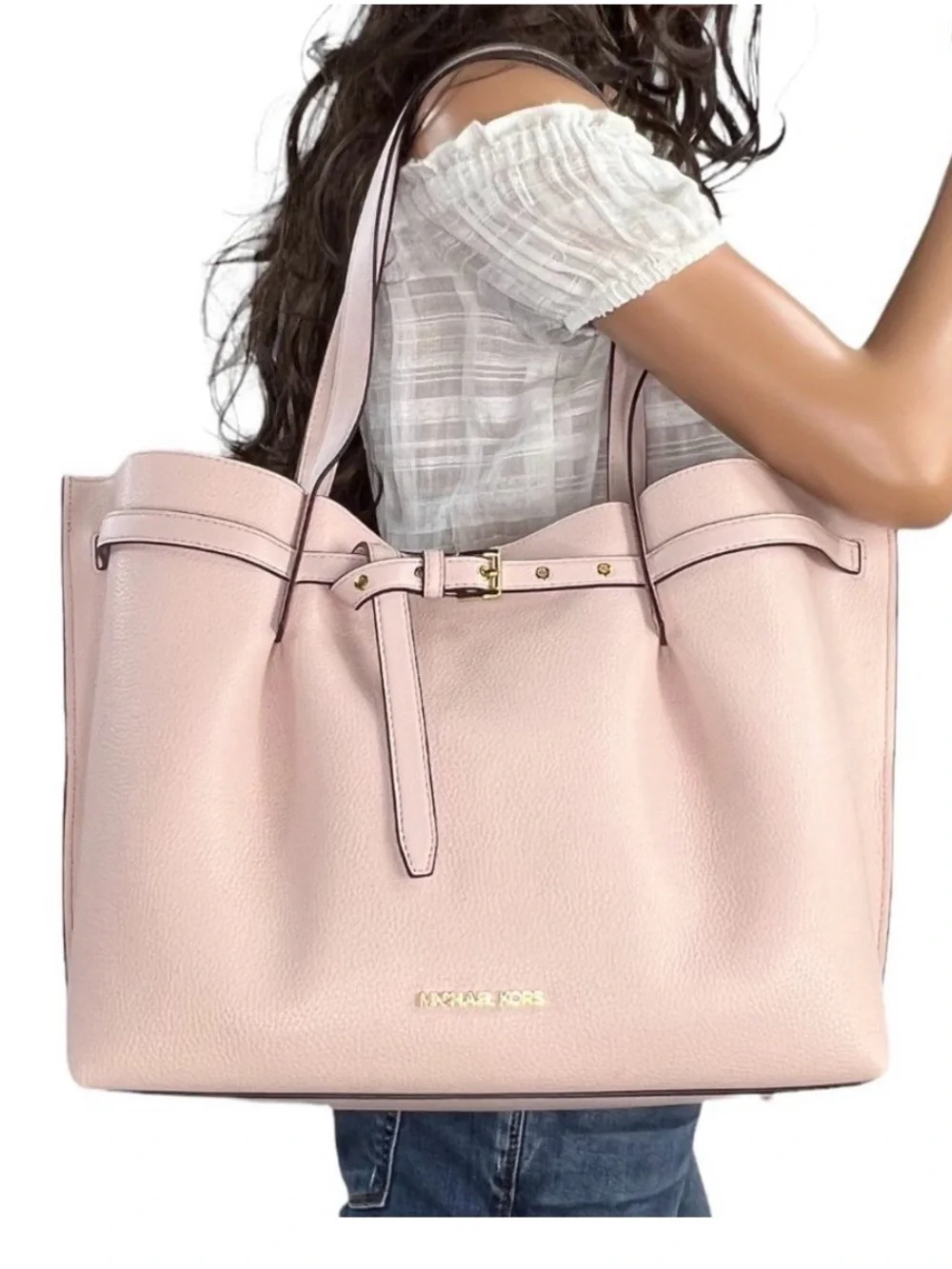 Michael Kors Emilia Large Pebbled Leather Tote in Power Blush.